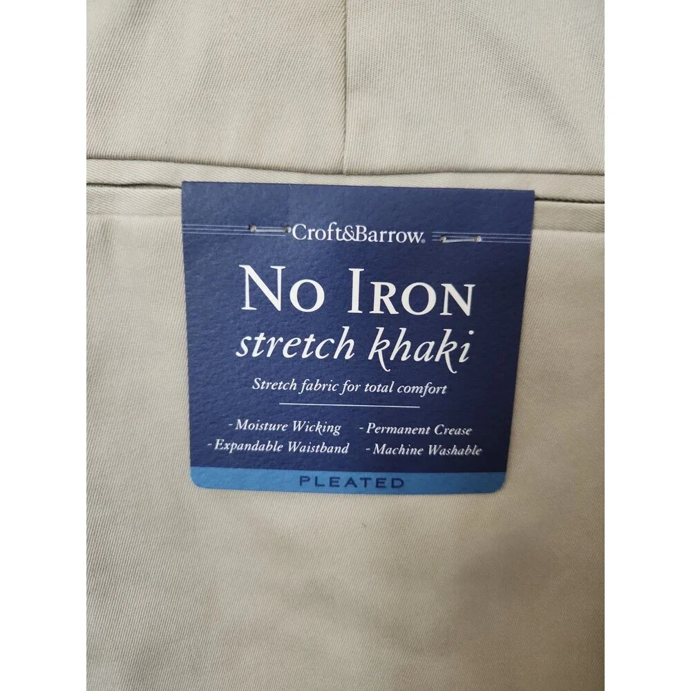 Croft Barrow No Iron Stretch Khaki Pants Men 36x30 Light Gray Pleated Cuffed NEW